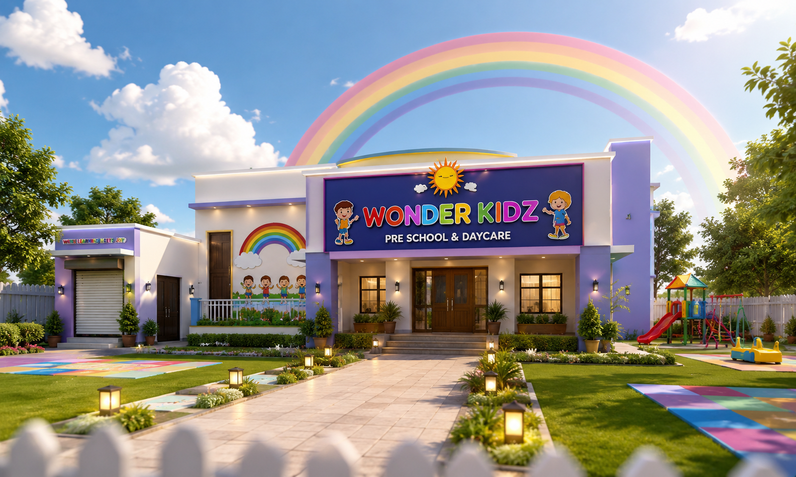 WonderKidz preschool campus with rainbow play area